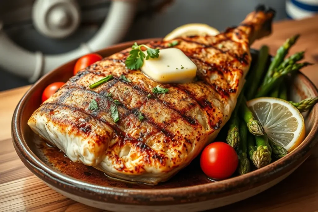 Grilled garlic swordfish steak with roasted vegetables and lemon wedges on a rustic plate.