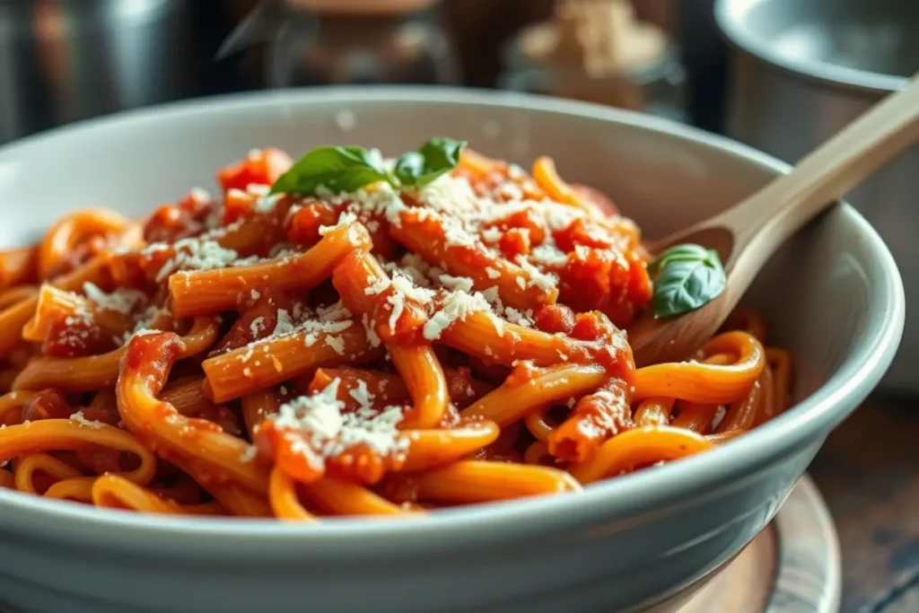 Creamy one-pot tomato pasta served in a white bowl, topped with Parmesan and fresh basil.