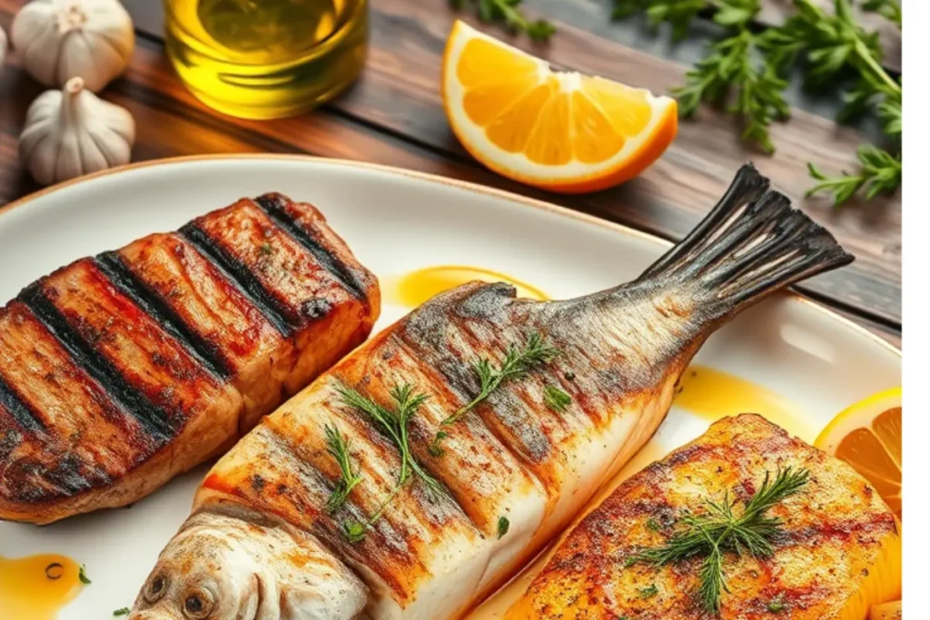 A beautifully plated swordfish dish featuring grilled, pan-seared, and poached swordfish with fresh herbs and citrus slices.