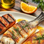 A beautifully plated swordfish dish featuring grilled, pan-seared, and poached swordfish with fresh herbs and citrus slices.