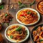 A variety of mouthwatering ground beef dishes, including burgers, spaghetti with beef marinara, tacos, and stir-fry, served on a rustic wooden table.
