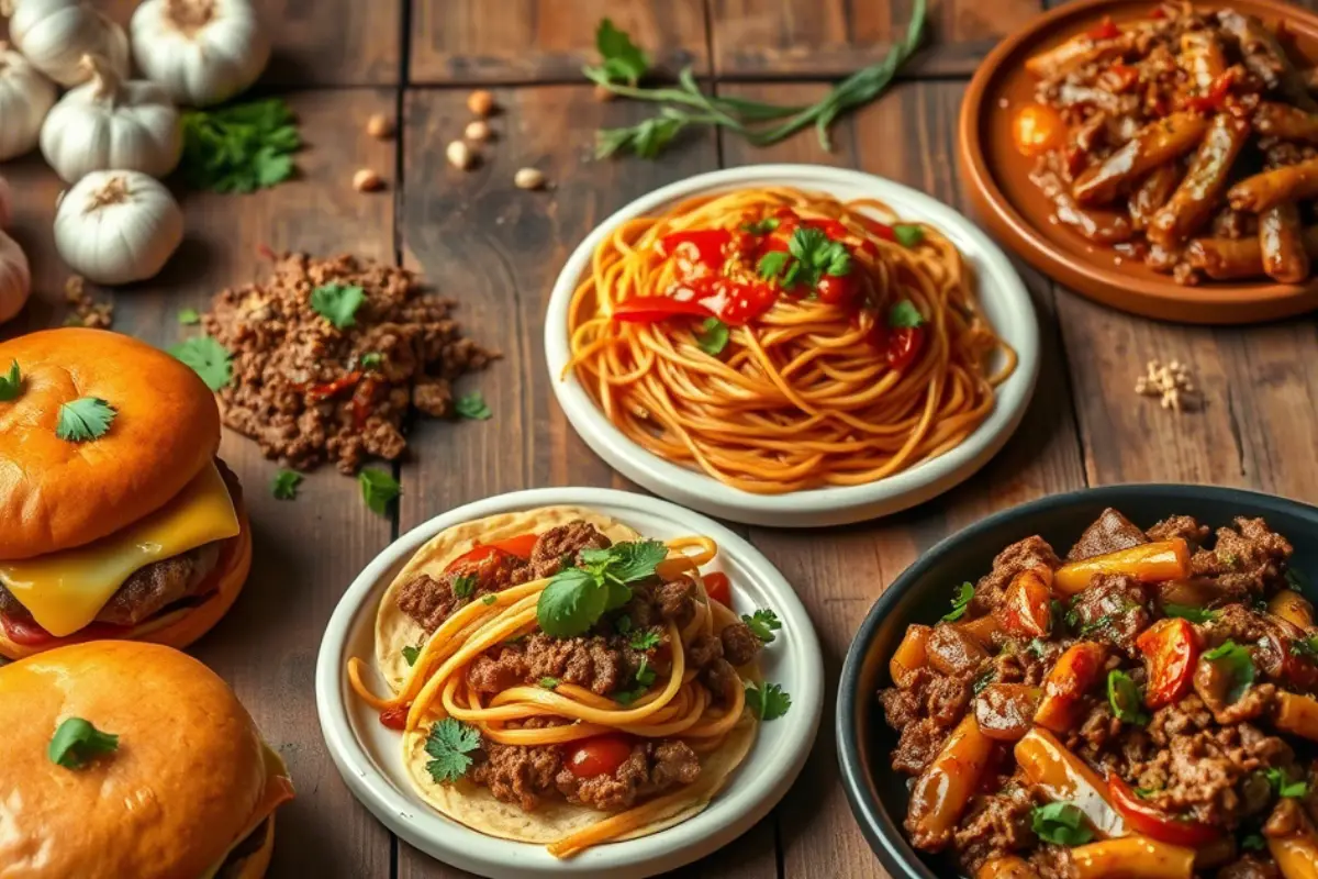 A variety of mouthwatering ground beef dishes, including burgers, spaghetti with beef marinara, tacos, and stir-fry, served on a rustic wooden table.