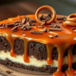 A slice of caramel brownie cheesecake with a brownie base, creamy cheesecake layer, and caramel drizzle on a wooden plate.