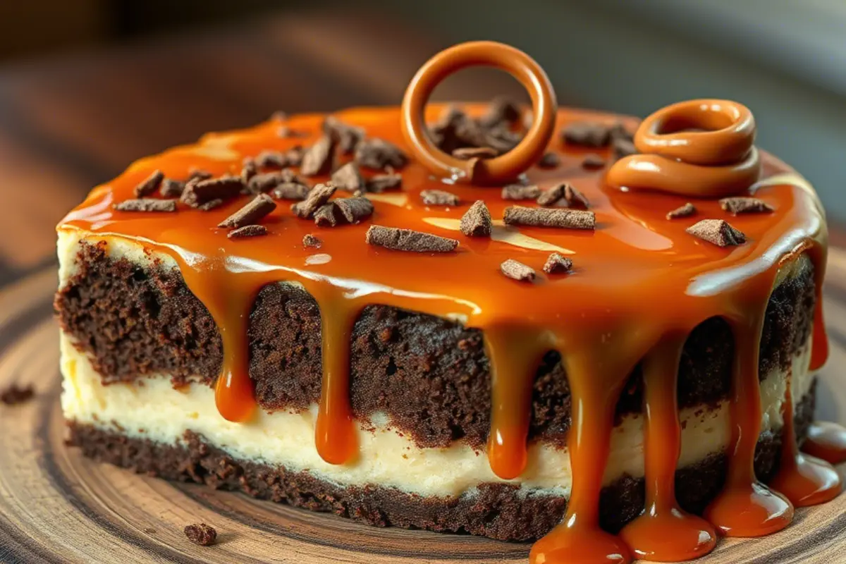 A slice of caramel brownie cheesecake with a brownie base, creamy cheesecake layer, and caramel drizzle on a wooden plate.